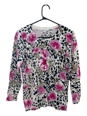 2011 Joseph A Pink Rose & Black Leopard Button Cardigan Size Small